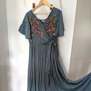 Embroidered faux wrap dress